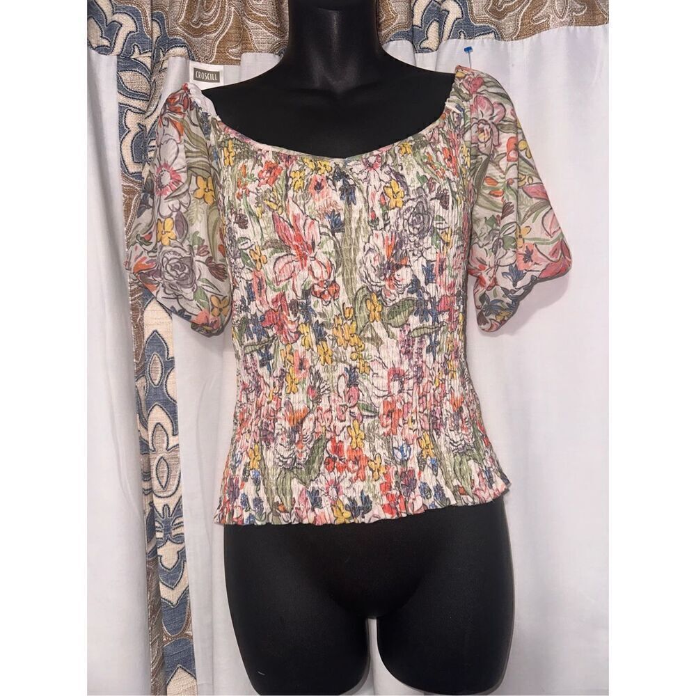 Beautiful Anthropologie Aurelia Smocked Floral Puff Sleeve Scoop Neck Blouse Sz